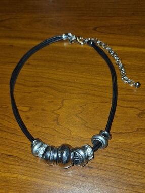 Silver Bead Black Cord Necklace - Women Jewelry